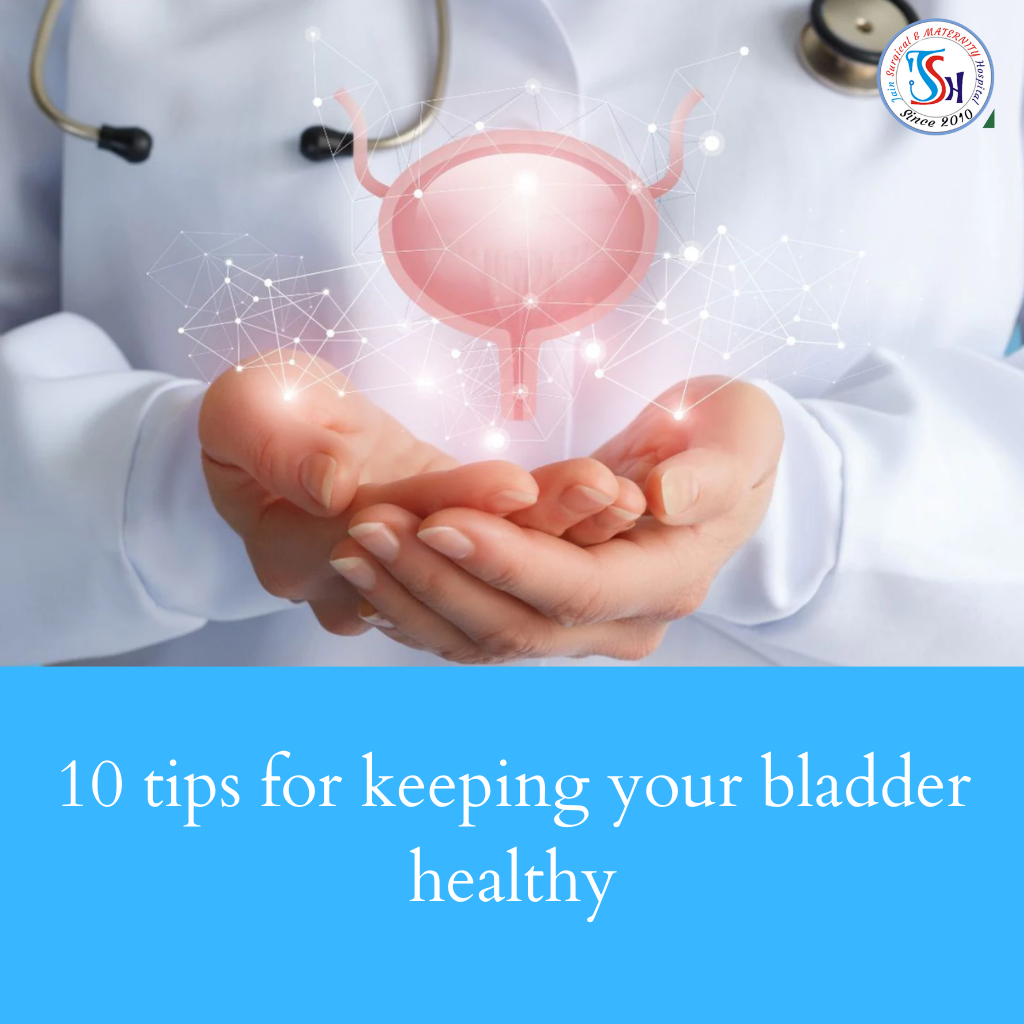 A doctor holding a hand with the words "10 tips for keeping your bladder healthy" at the Best Gynaecology Hospital in Kota.